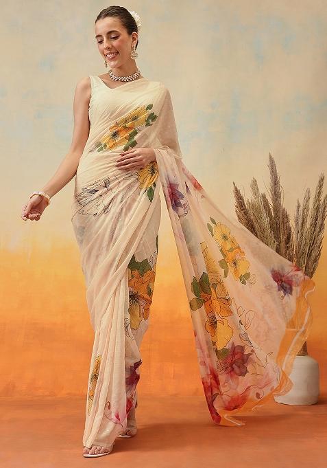 Cream Embroidered Chiffon Pre Stitched Saree
