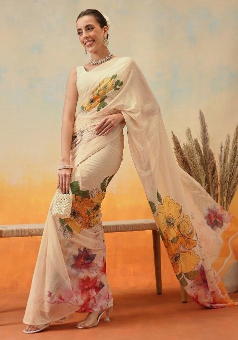 Cream Embroidered Chiffon Pre Stitched Saree