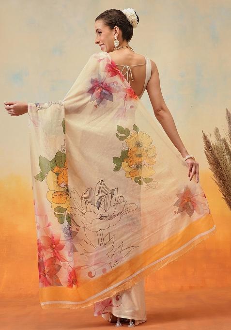 Cream Embroidered Chiffon Pre Stitched Saree