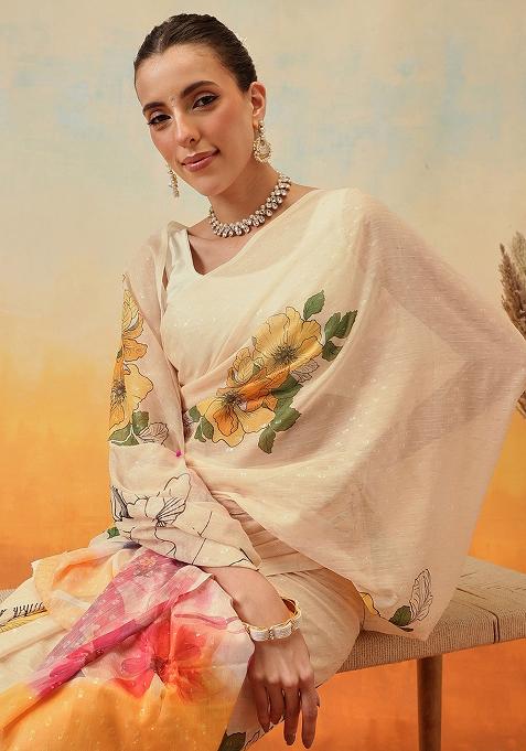 Cream Embroidered Chiffon Pre Stitched Saree