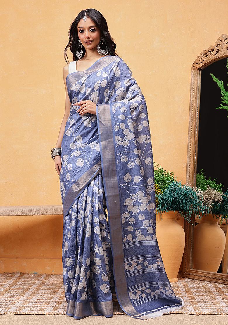 Blue Embroidered Soft Silk Pre Stitched Saree
