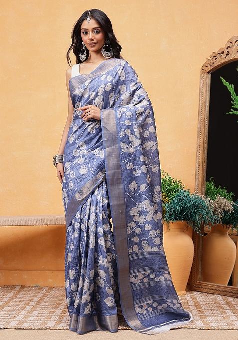 Blue Embroidered Soft Silk Pre Stitched Saree