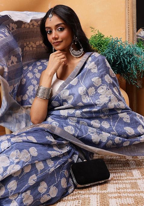 Blue Embroidered Soft Silk Pre Stitched Saree