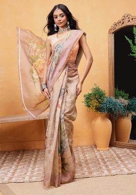 Beige Embroidered Cotton Blend Pre Stitched Saree