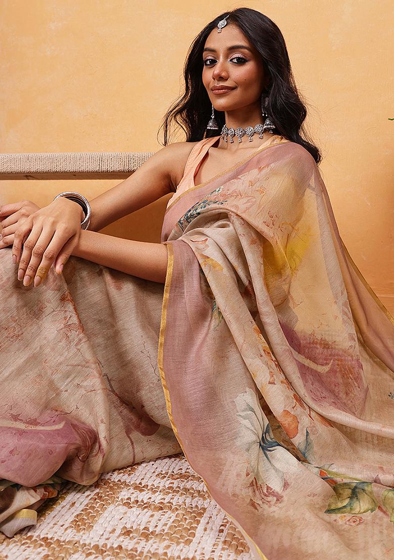 Beige Embroidered Cotton Blend Pre Stitched Saree