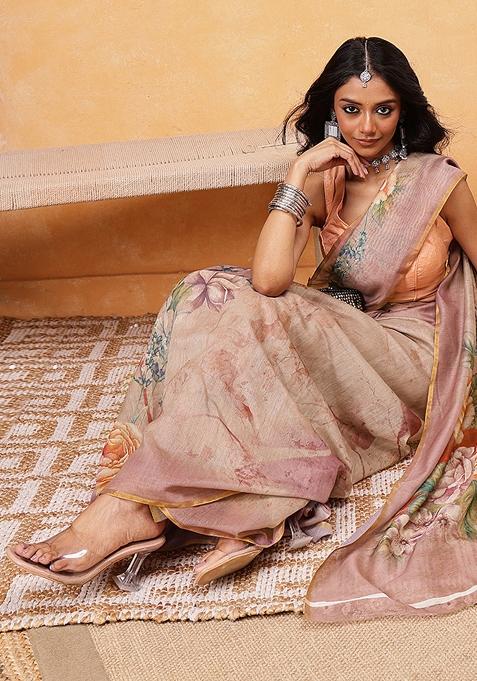 Beige Embroidered Cotton Blend Pre Stitched Saree