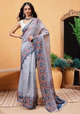 Grey Embroidered Cotton Blend Pre Stitched Saree