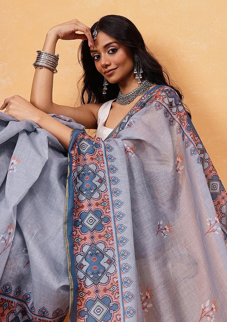 Grey Embroidered Cotton Blend Pre Stitched Saree