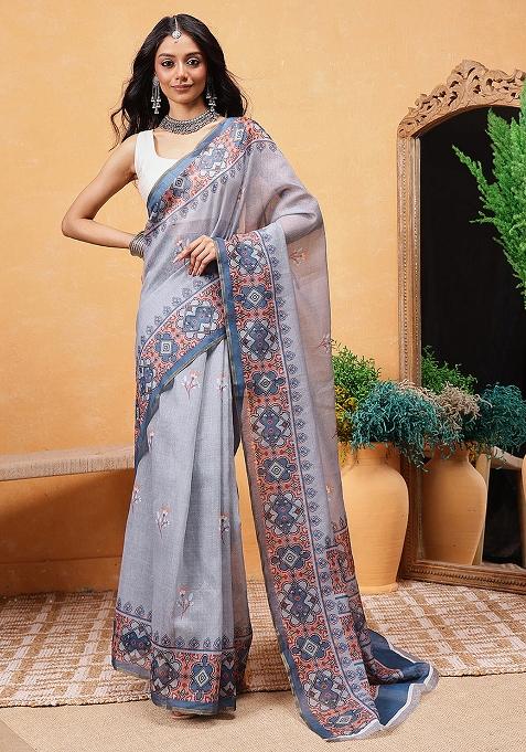 Grey Embroidered Cotton Blend Pre Stitched Saree