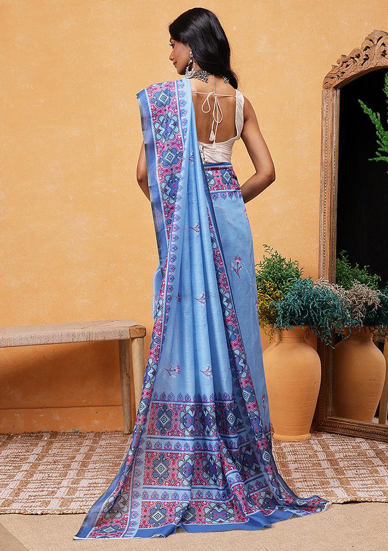 Blue Embroidered Cotton Blend Pre Stitched Saree