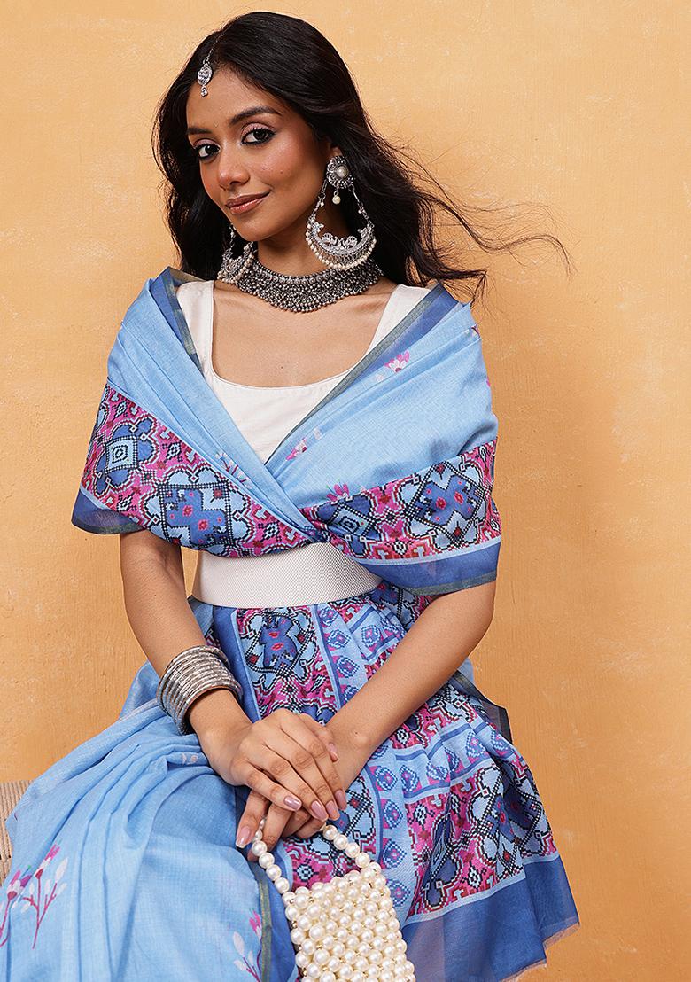 Blue Embroidered Cotton Blend Pre Stitched Saree