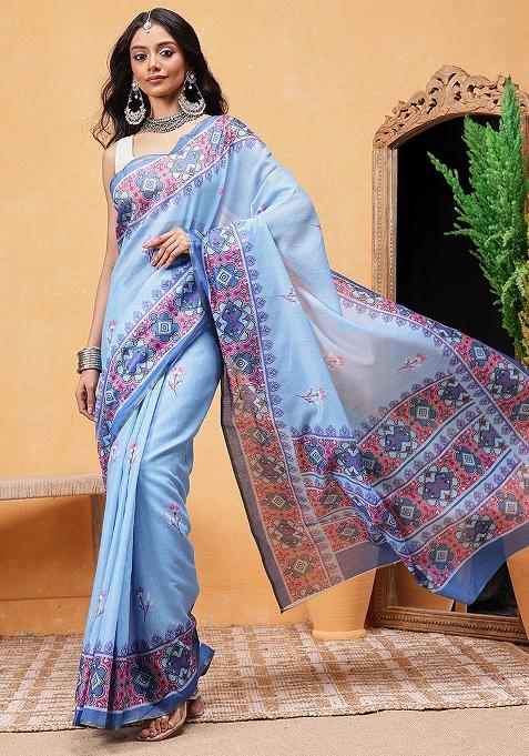 Blue Embroidered Cotton Blend Pre Stitched Saree