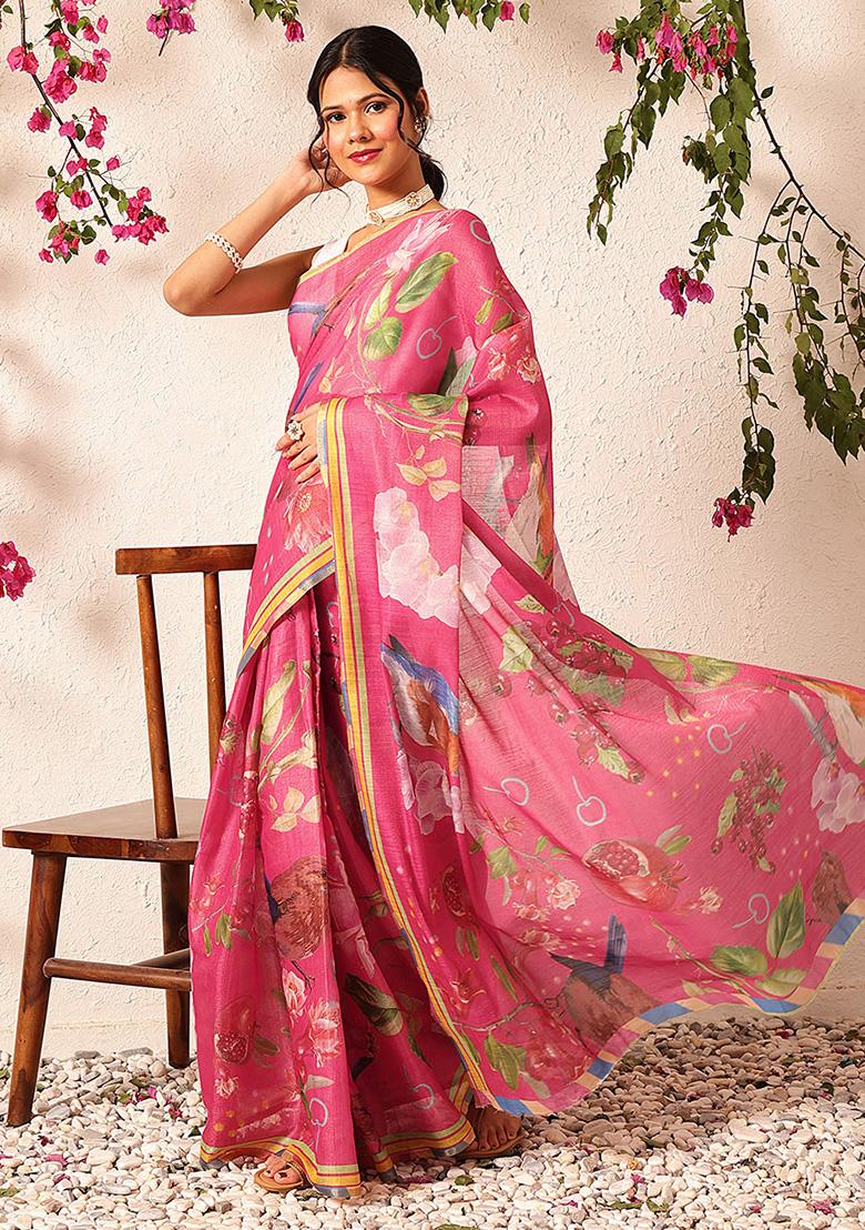 Pink Embroidered Cotton Silk Pre Stitched Saree