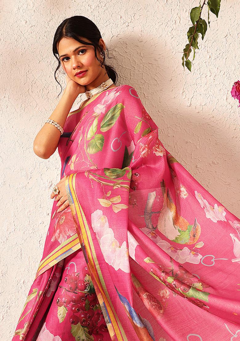 Pink Embroidered Cotton Silk Pre Stitched Saree