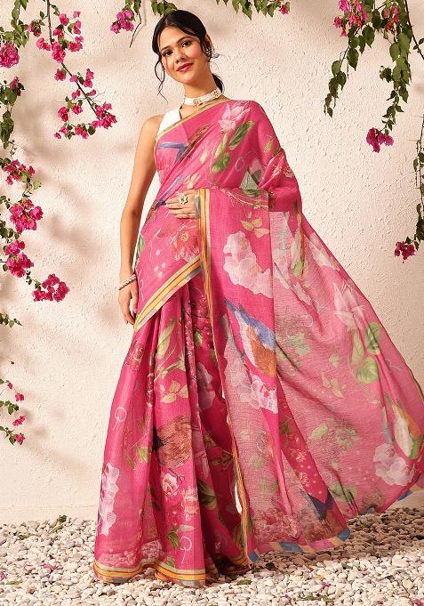 Pink Embroidered Cotton Silk Pre Stitched Saree