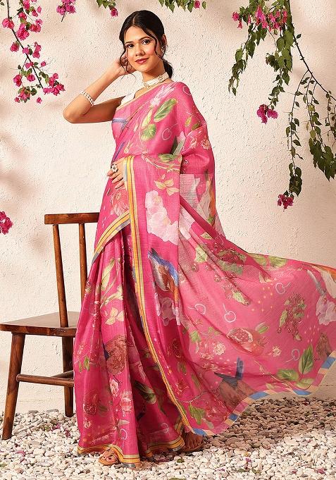 Pink Embroidered Cotton Silk Pre Stitched Saree