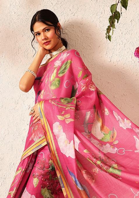 Pink Embroidered Cotton Silk Pre Stitched Saree