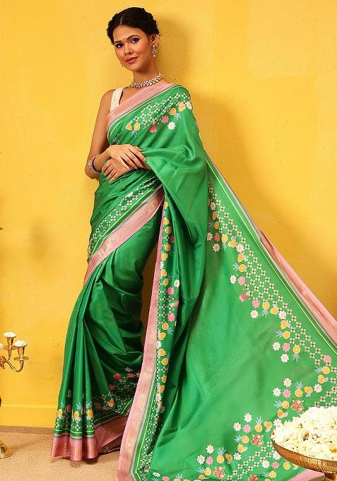 Green Embroidered Art Silk Pre Stitched Saree