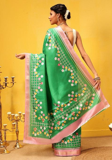 Green Embroidered Art Silk Pre Stitched Saree