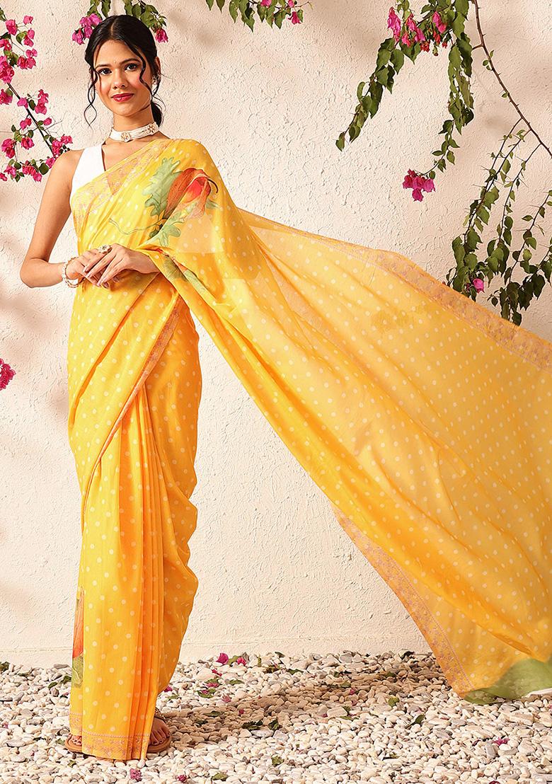 Mustard Yellow Embroidered Mul Cotton Pre Stitched Saree