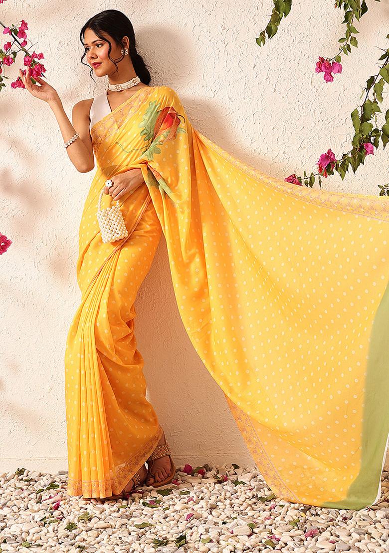 Mustard Yellow Embroidered Mul Cotton Pre Stitched Saree
