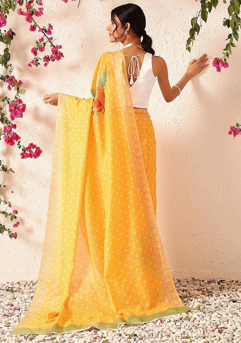 Mustard Yellow Embroidered Mul Cotton Pre Stitched Saree