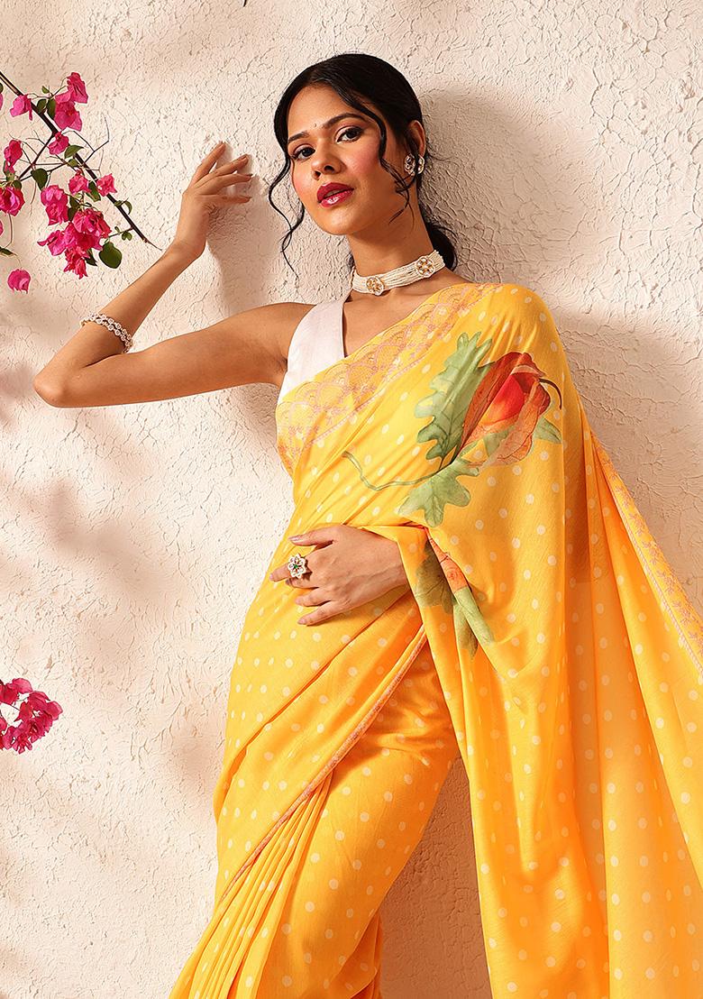 Mustard Yellow Embroidered Mul Cotton Pre Stitched Saree