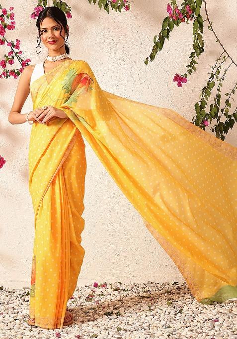 Mustard Yellow Embroidered Mul Cotton Pre Stitched Saree
