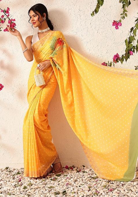 Mustard Yellow Embroidered Mul Cotton Pre Stitched Saree