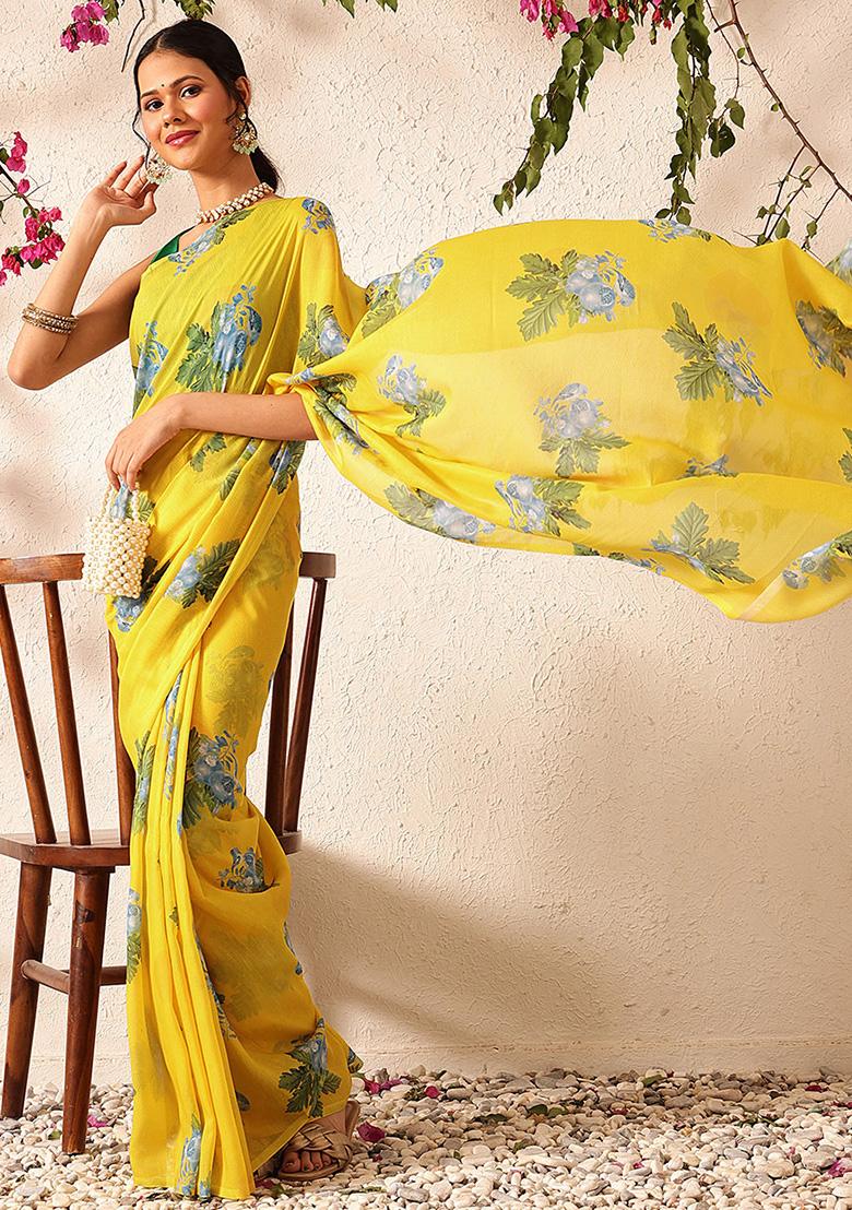 Yellow Embroidered Mul Cotton Pre Stitched Saree