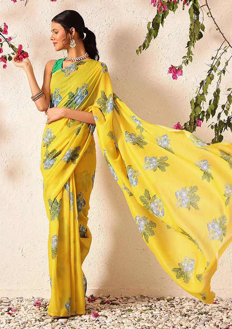Yellow Embroidered Mul Cotton Pre Stitched Saree