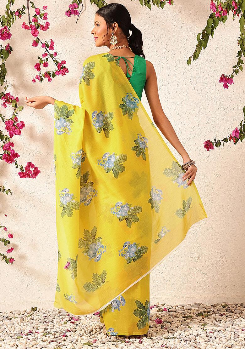 Yellow Embroidered Mul Cotton Pre Stitched Saree