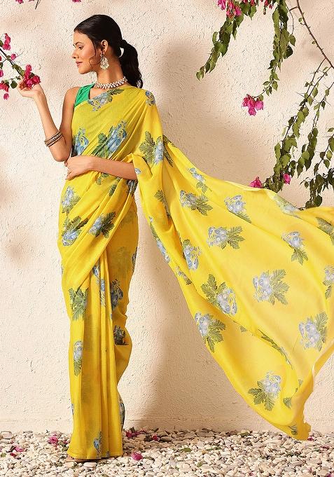 Yellow Embroidered Mul Cotton Pre Stitched Saree