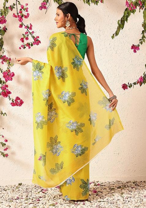 Yellow Embroidered Mul Cotton Pre Stitched Saree