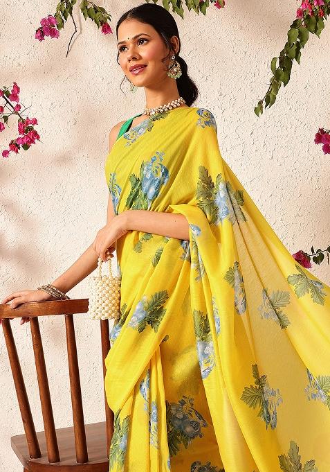 Yellow Embroidered Mul Cotton Pre Stitched Saree