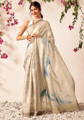 Beige Embroidered Cotton Silk Pre Stitched Saree