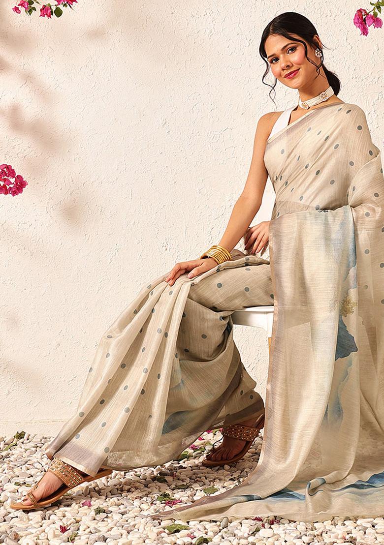 Beige Embroidered Cotton Silk Pre Stitched Saree