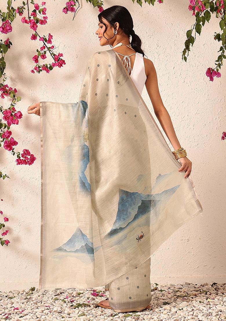 Beige Embroidered Cotton Silk Pre Stitched Saree