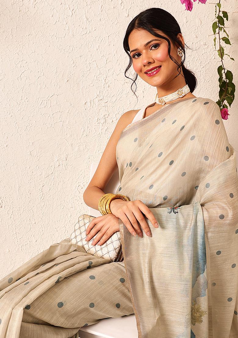 Beige Embroidered Cotton Silk Pre Stitched Saree