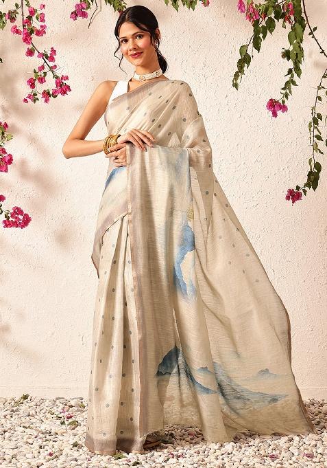 Beige Embroidered Cotton Silk Pre Stitched Saree
