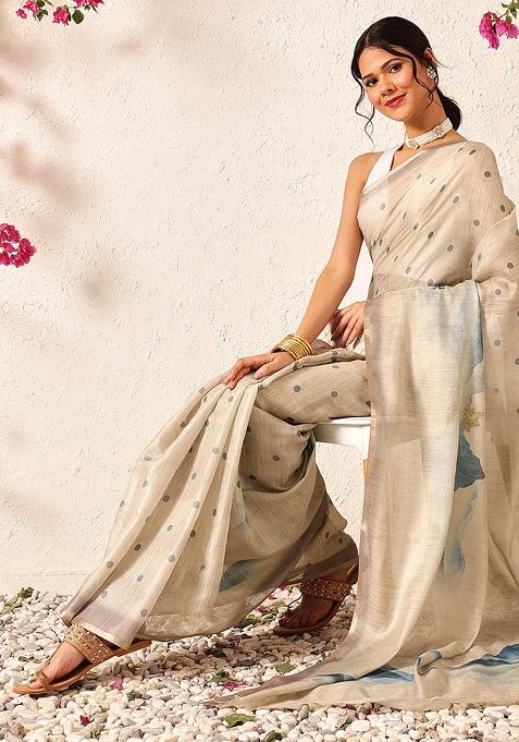 Beige Embroidered Cotton Silk Pre Stitched Saree