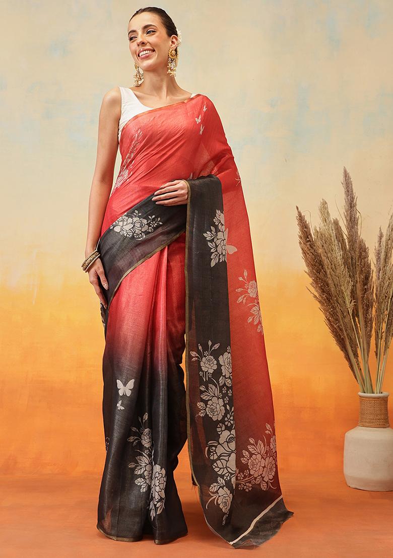 Black Embroidered Cotton Silk Pre Stitched Saree