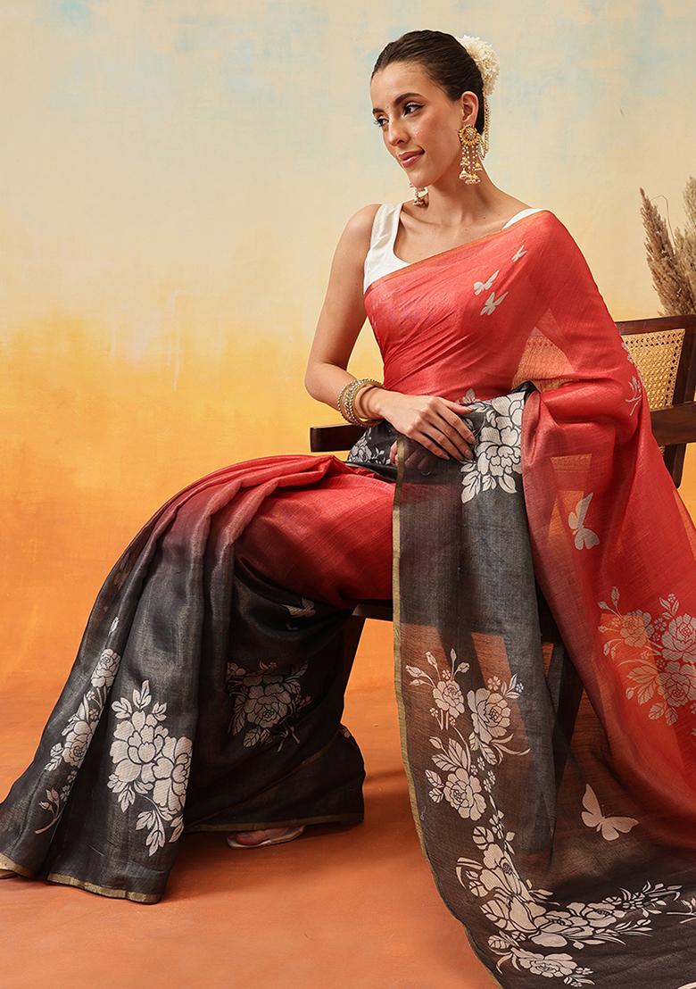 Black Embroidered Cotton Silk Pre Stitched Saree