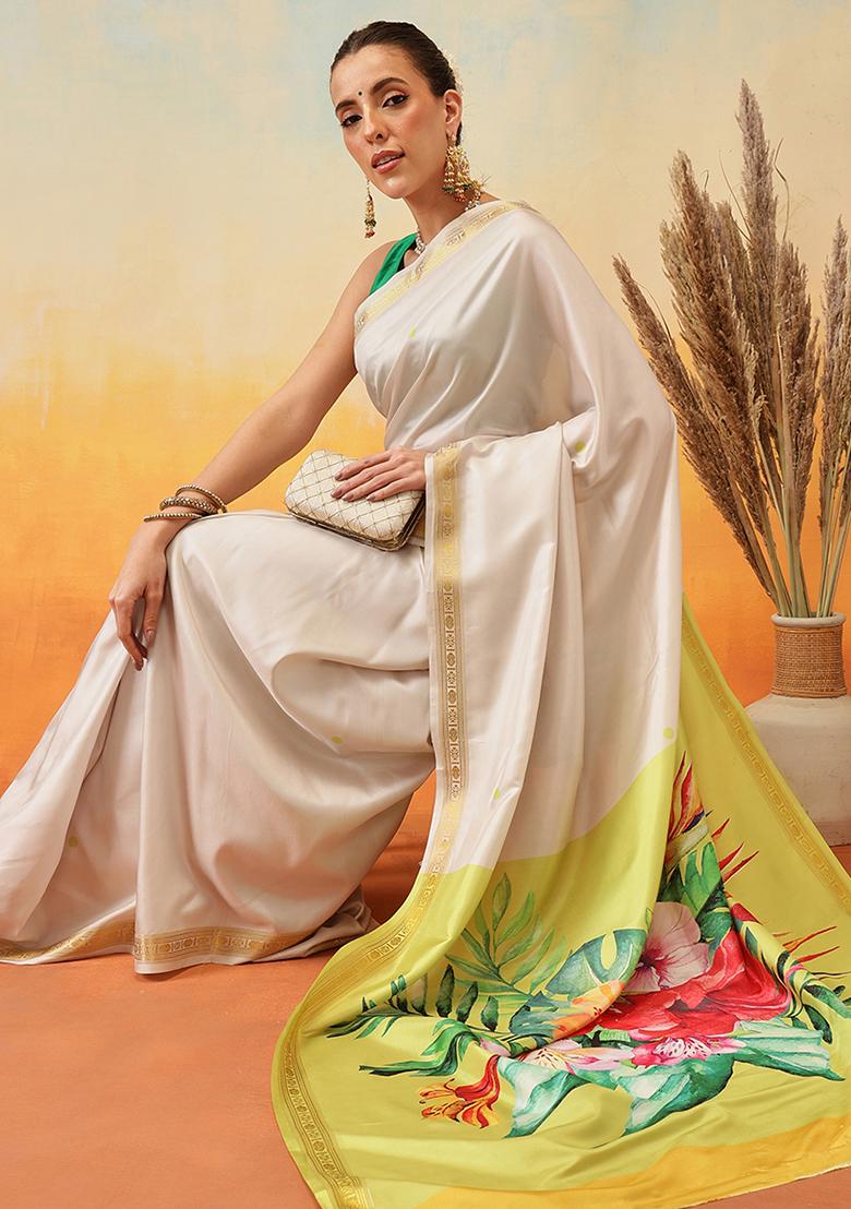 Off White Embroidered Art Silk Pre Stitched Saree