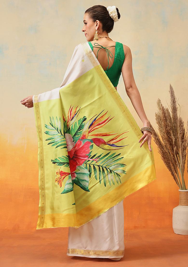 Off White Embroidered Art Silk Pre Stitched Saree
