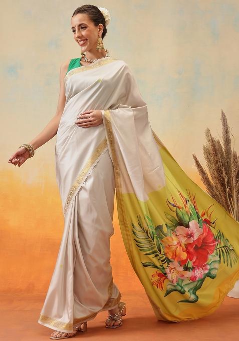 Off White Embroidered Art Silk Pre Stitched Saree