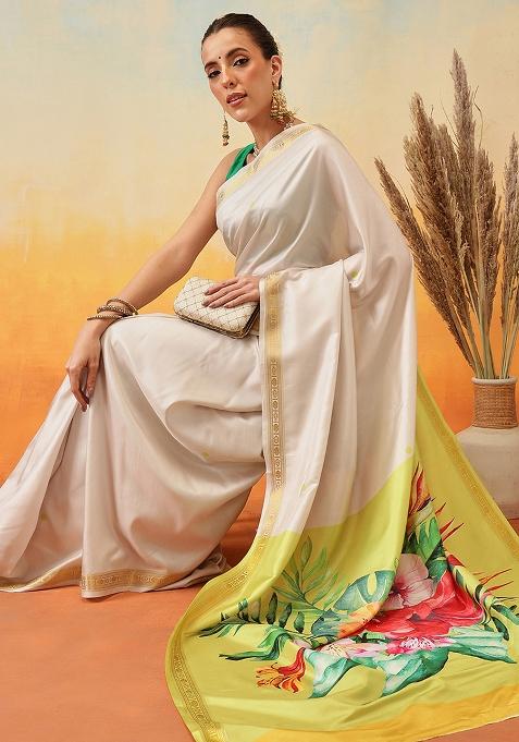 Off White Embroidered Art Silk Pre Stitched Saree