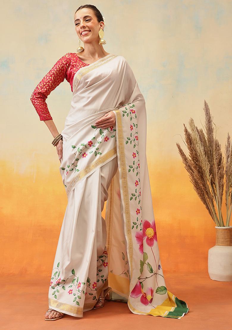 Off White Embroidered Art Silk Pre Stitched Saree