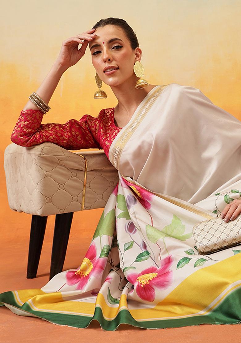 Off White Embroidered Art Silk Pre Stitched Saree