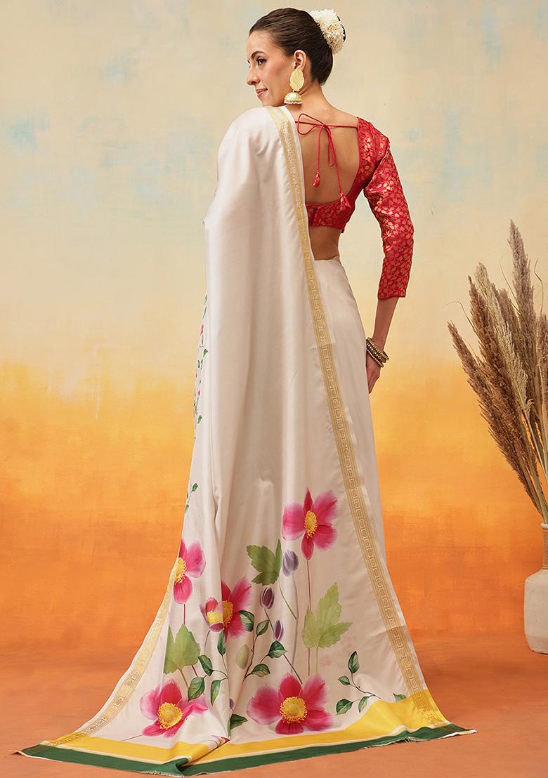 Off White Embroidered Art Silk Pre Stitched Saree